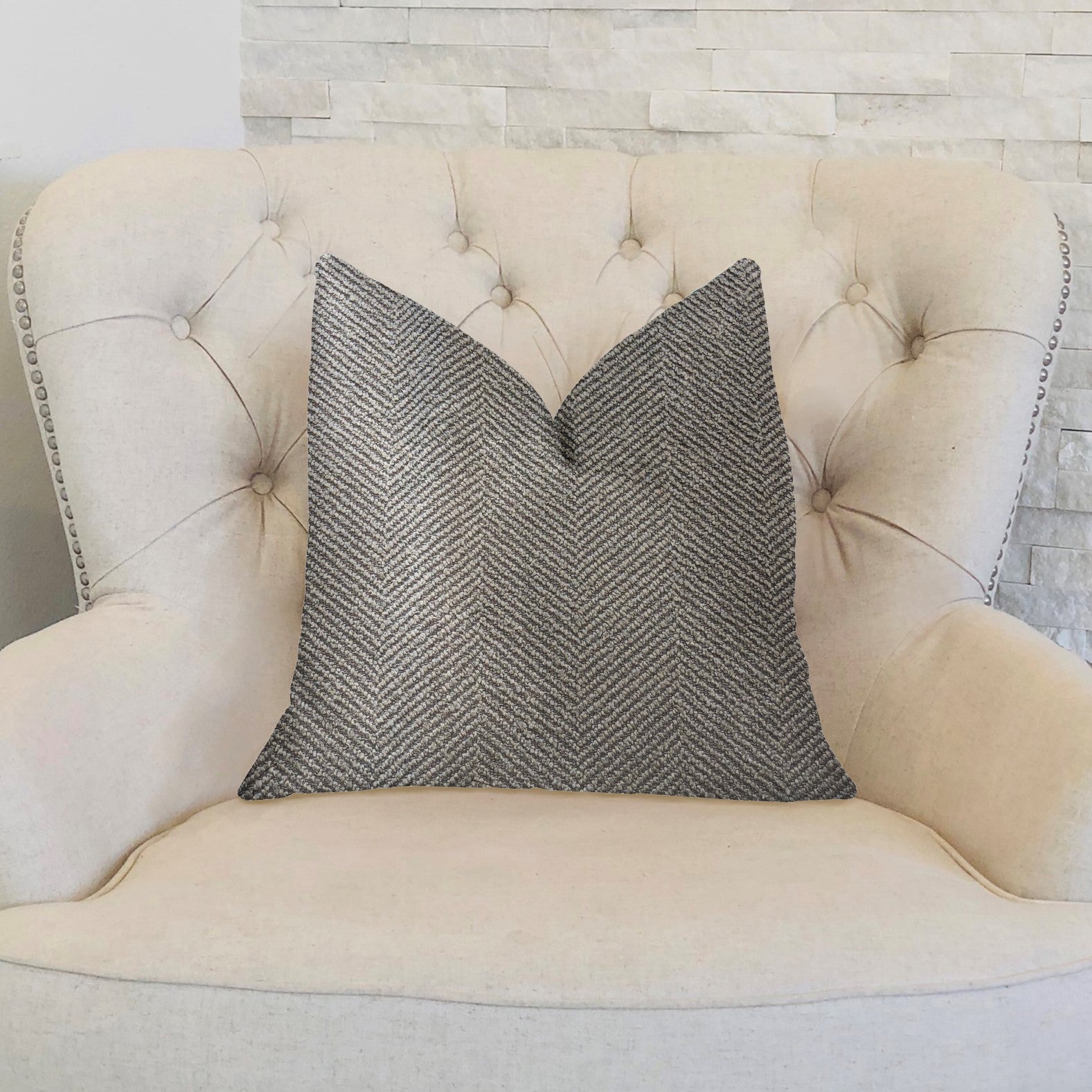 New Wave Hillside Brown Luxury Throw Pillow featuring a chic chevron pattern, double-sided design, and invisible zipper closure.