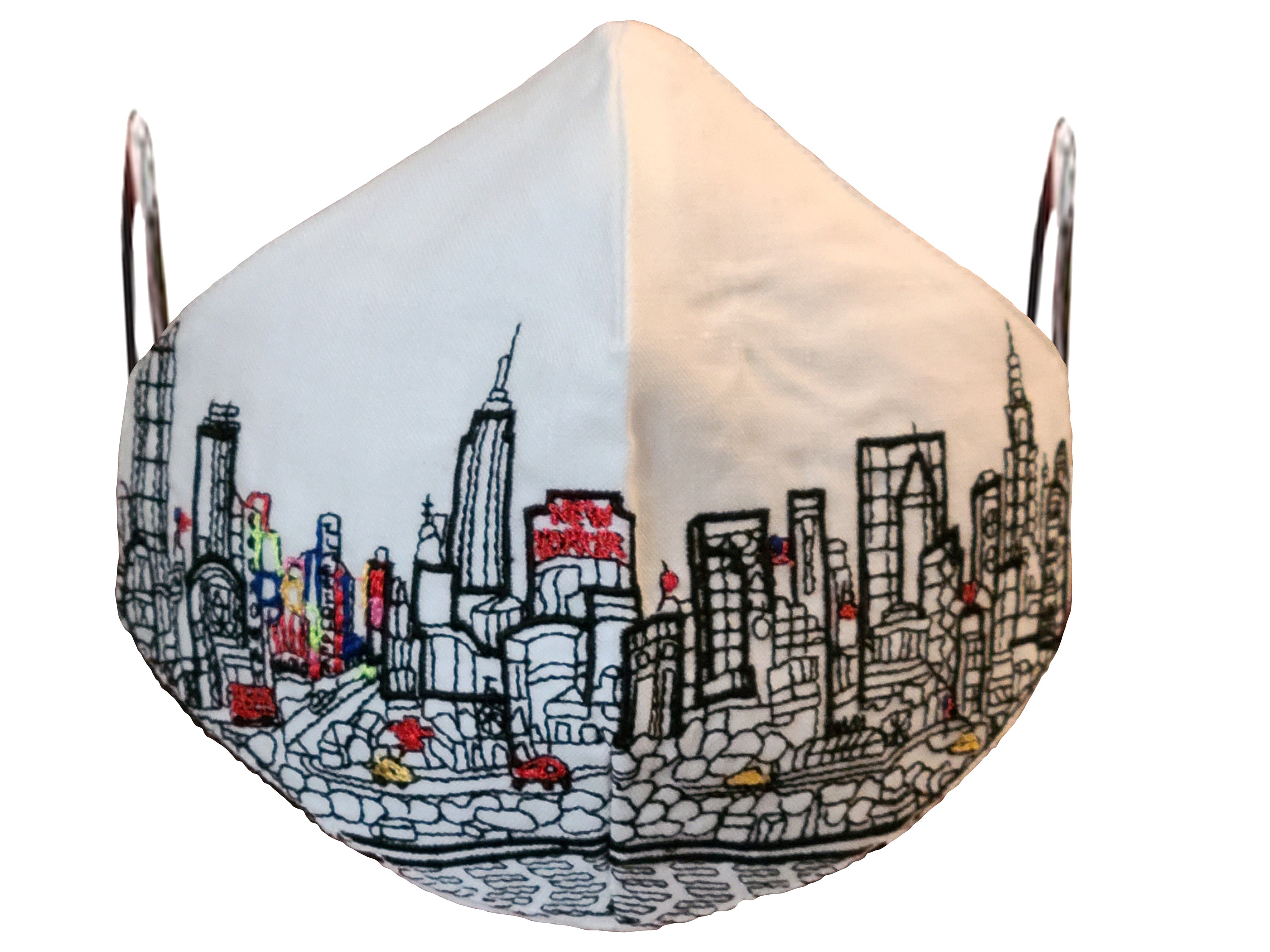 New York City skyline embroidered face mask made of linen and cotton, featuring soft cotton lining and elastic loops for a comfortable fit.