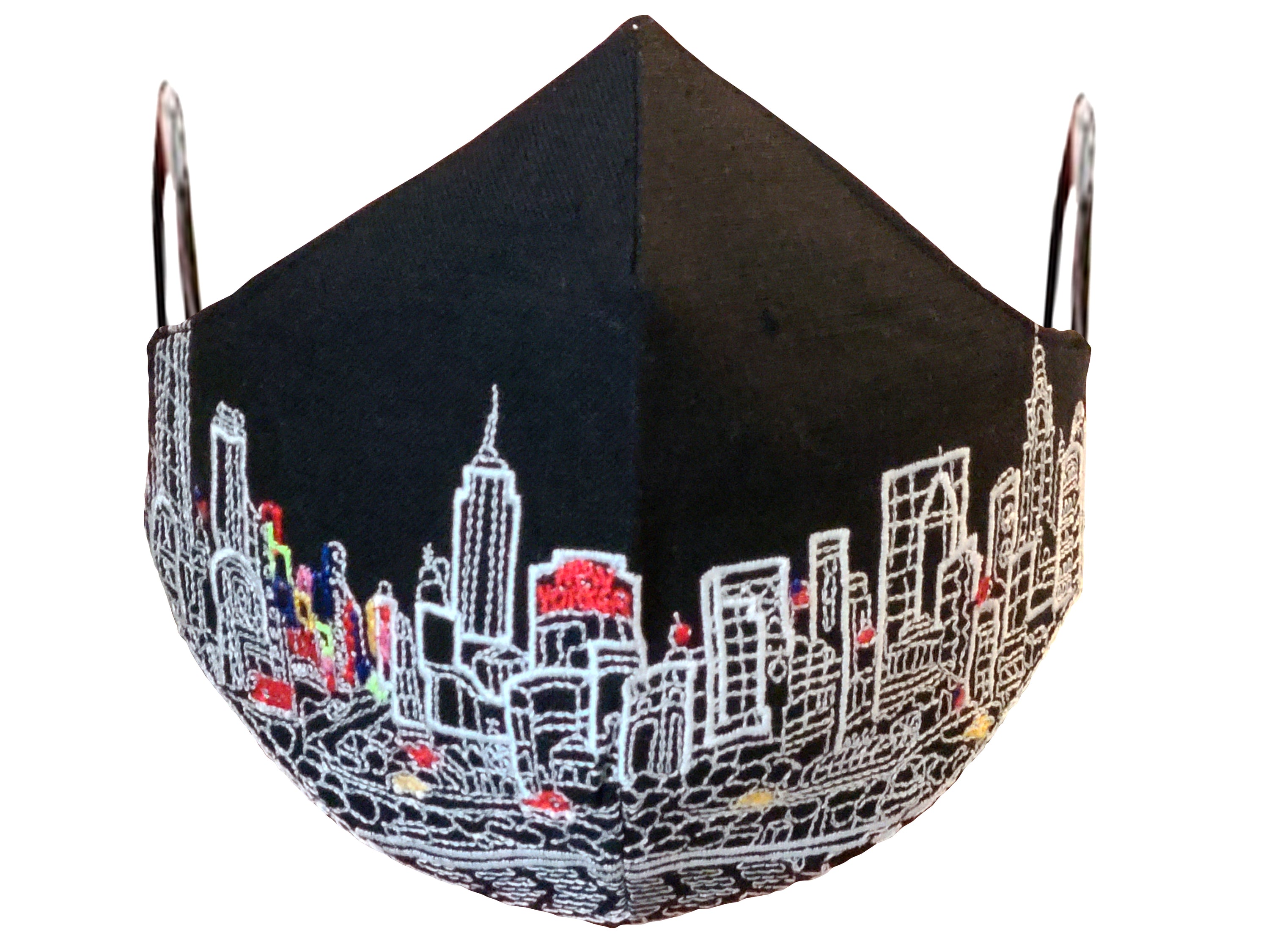New York City skyline embroidered face mask made of linen and cotton, featuring soft cotton lining and elastic loops for a comfortable fit.