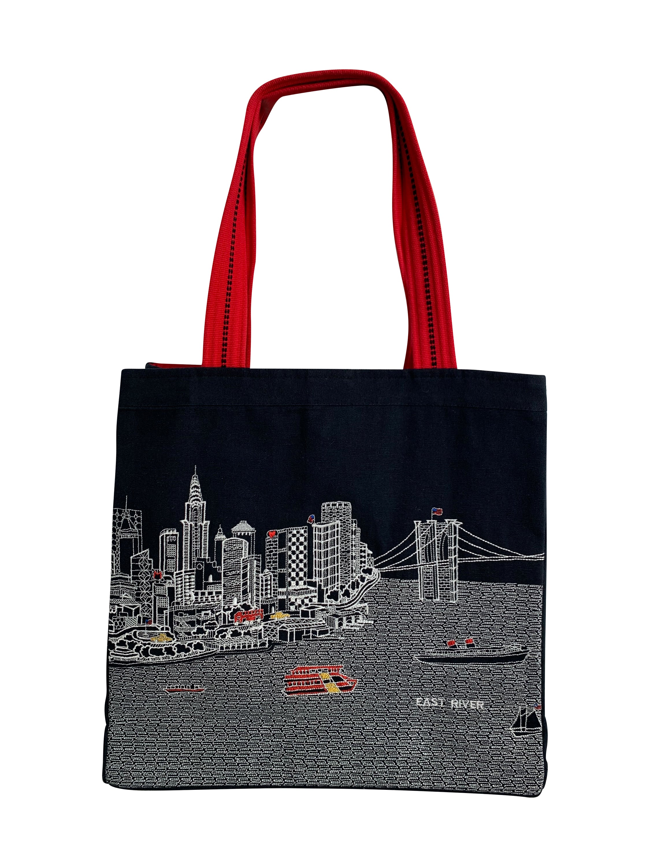 Stylish New York City Tote Bag with embroidered skyline design in cream and black colors, featuring red waterproof lining and ribbed straps.