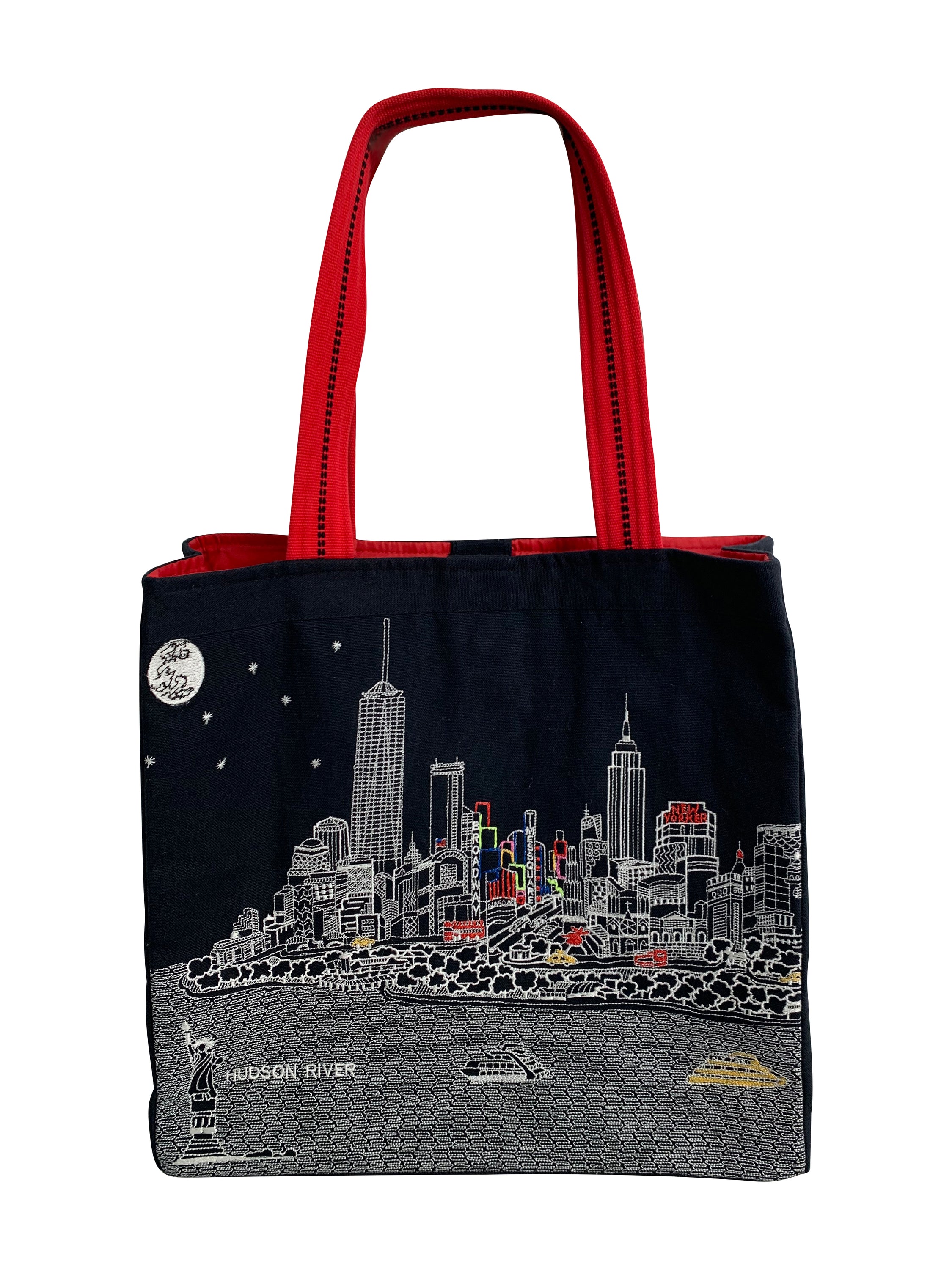 Stylish New York City Tote Bag with embroidered skyline design in cream and black colors, featuring red waterproof lining and ribbed straps.