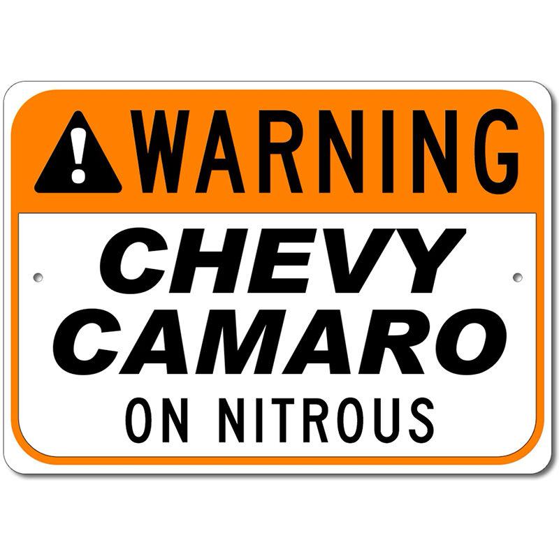 A vibrant Nitrous Car Warning Sign made of high-quality aluminum, featuring bold graphics and customizable text, perfect for man caves and garages.