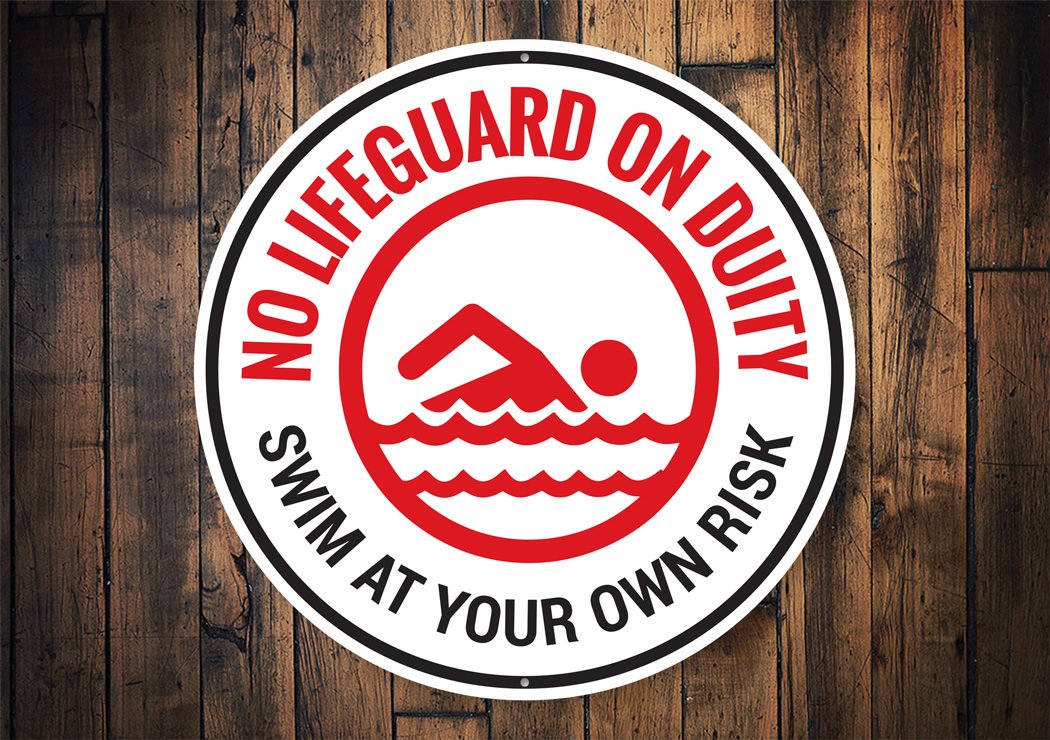 A high-quality aluminum No Lifeguard on Duty sign, featuring bold text and a durable finish, suitable for indoor and outdoor use.