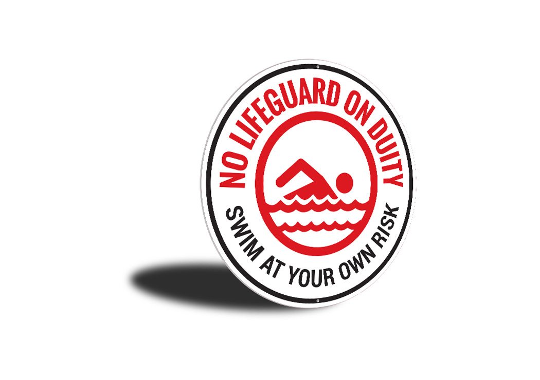 A high-quality aluminum No Lifeguard on Duty sign, featuring bold text and a durable finish, suitable for indoor and outdoor use.