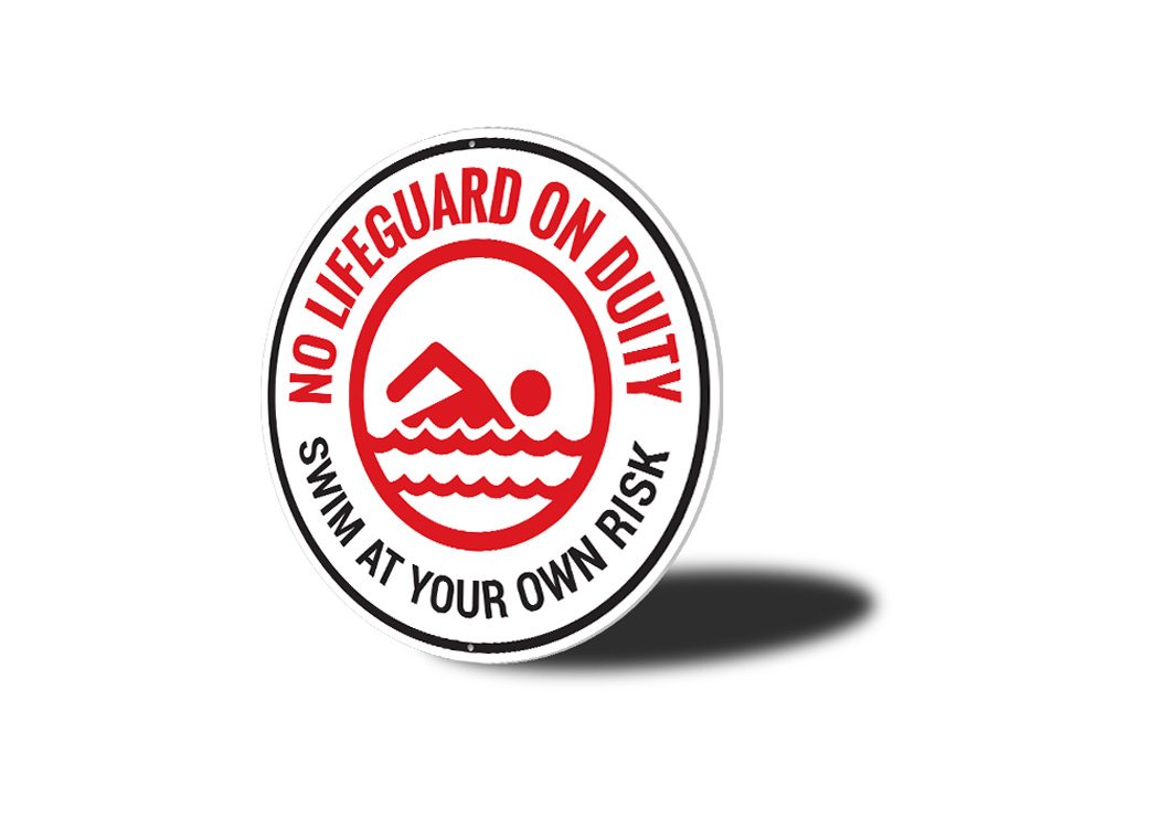 A high-quality aluminum No Lifeguard on Duty sign, featuring bold text and a durable finish, suitable for indoor and outdoor use.