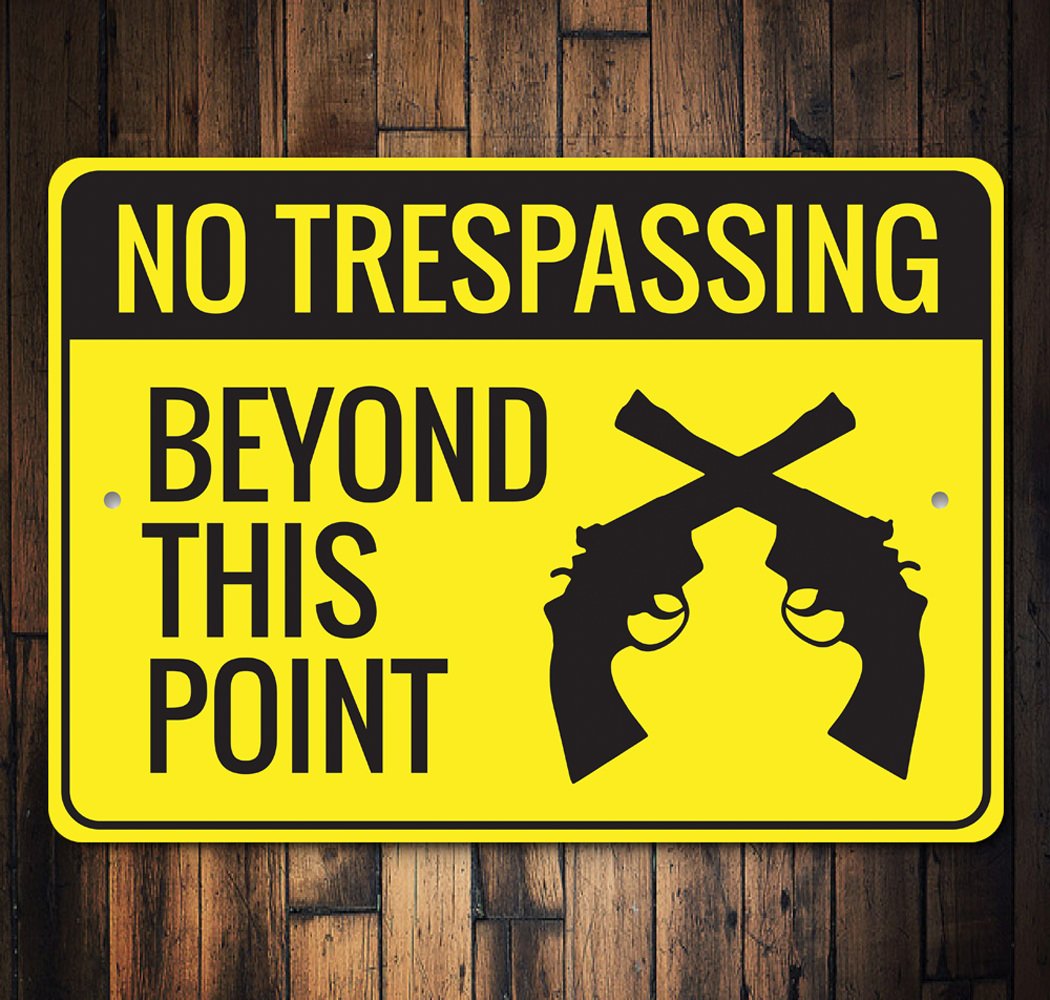 No Trespassing Beyond this Point 2nd Amendment Sign made of durable aluminum, featuring customizable text and pre-drilled holes for easy mounting.