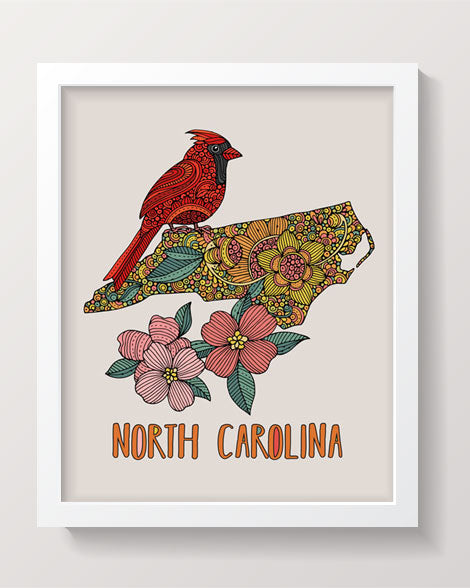 North Carolina State Map art print featuring cardinal and flowering dogwood, beautifully designed with pen and ink and digital coloring.