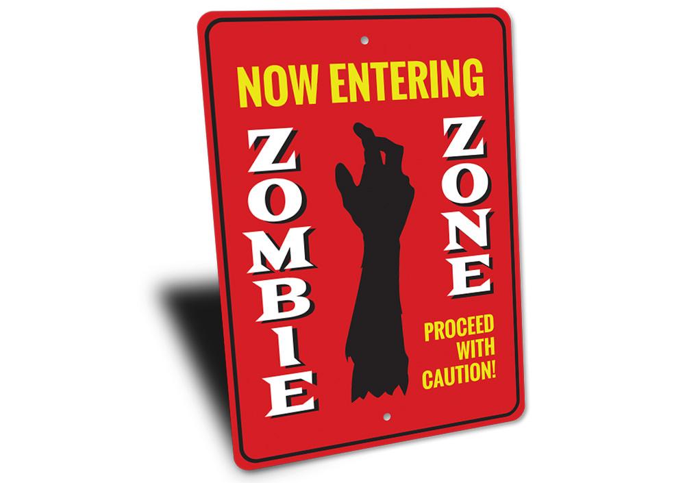 Now Entering Zombie Zone Sign made of aluminum, featuring spooky graphics perfect for Halloween decorations.