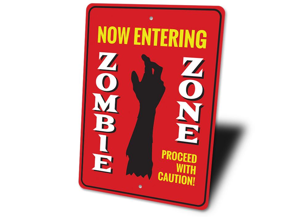 Now Entering Zombie Zone Sign made of aluminum, featuring spooky graphics perfect for Halloween decorations.