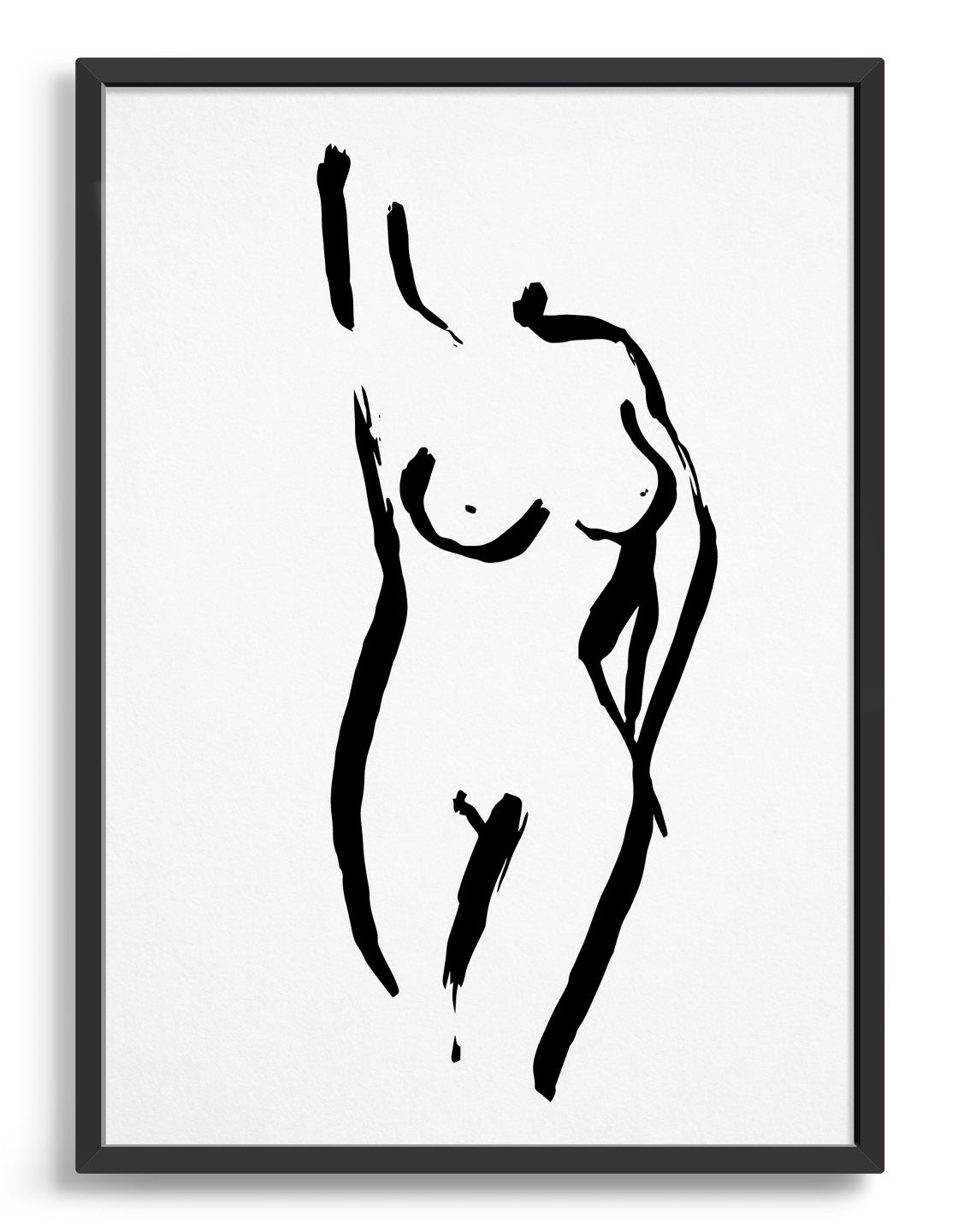 A minimalist black and white line drawing of a nude woman, showcasing elegant curves and simplicity, perfect for modern decor.