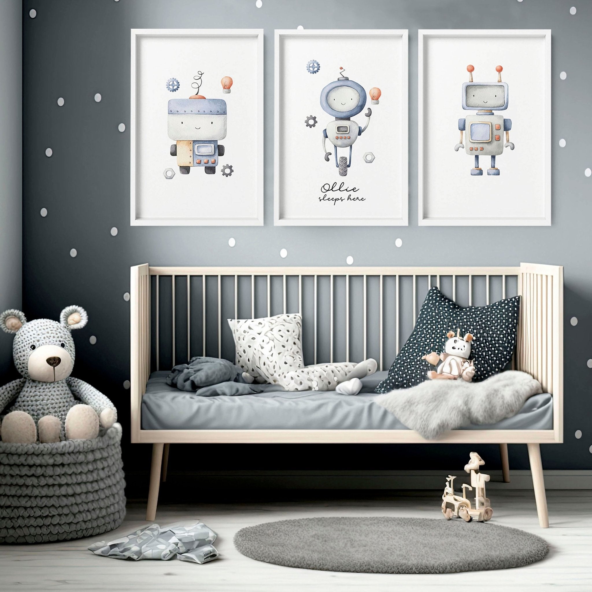 Set of 3 vintage-style robot wall art prints for nursery, featuring whimsical watercolour designs in muted tones.