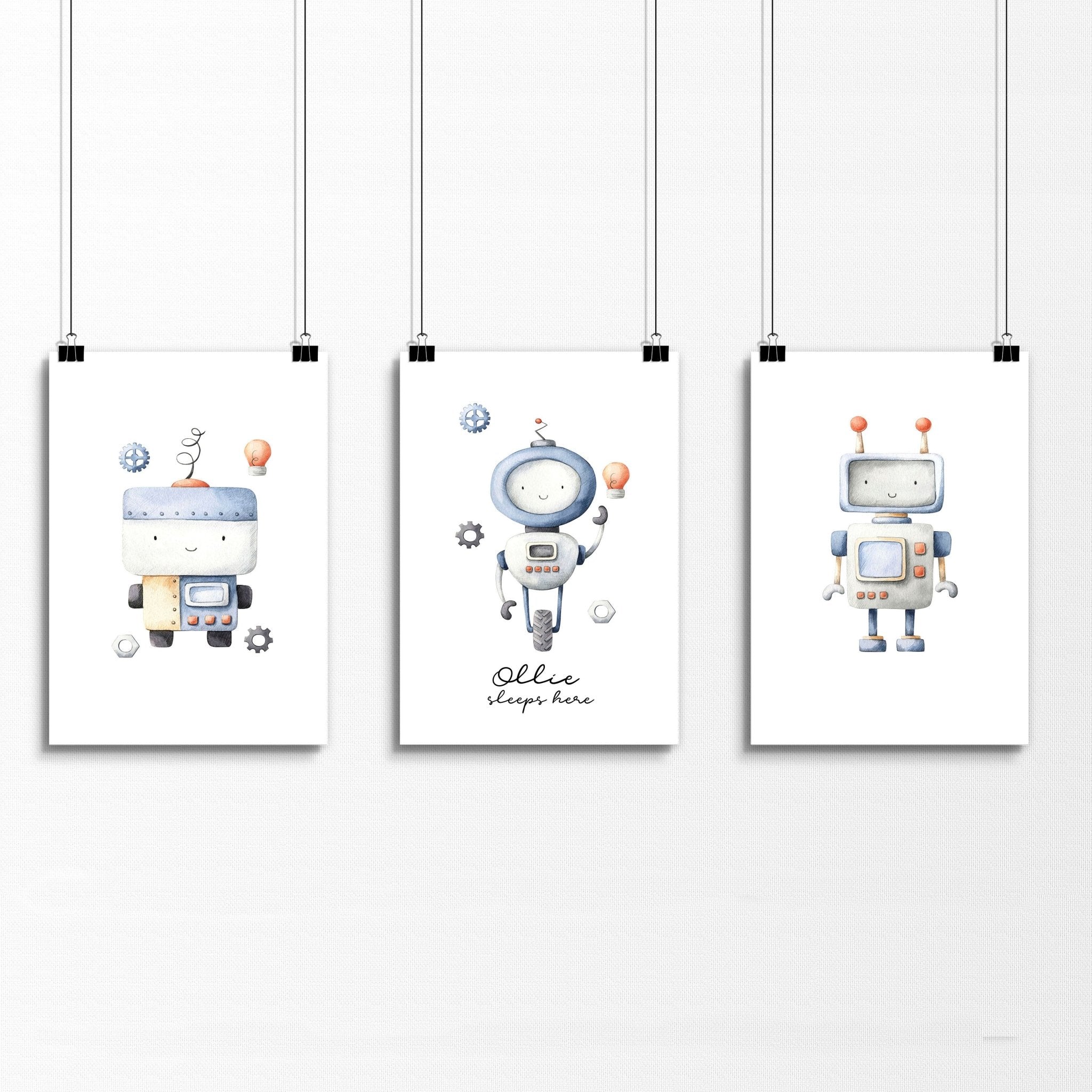 Set of 3 vintage-style robot wall art prints for nursery, featuring whimsical watercolour designs in muted tones.