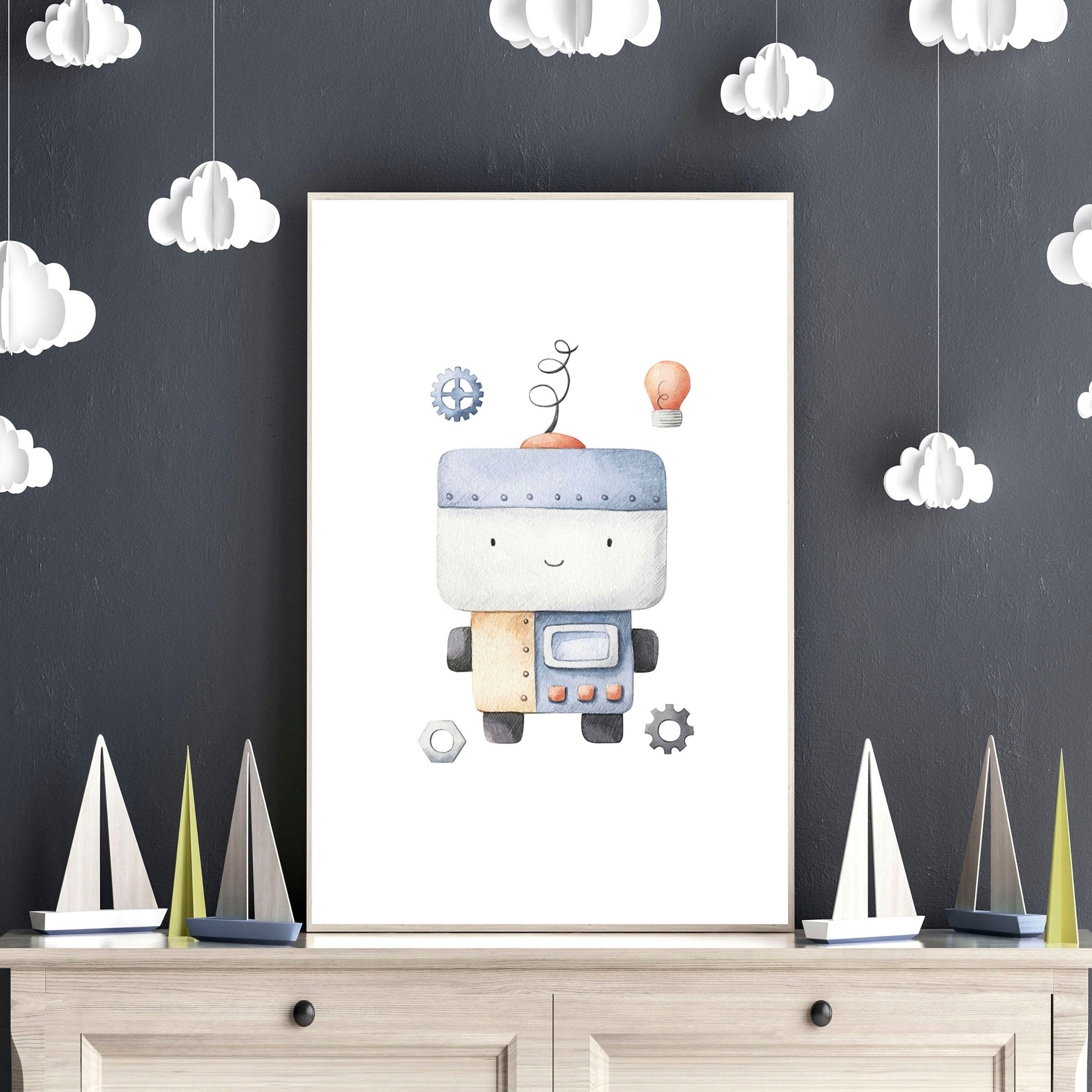 Set of 3 vintage-style robot wall art prints for nursery, featuring whimsical watercolour designs in muted tones.