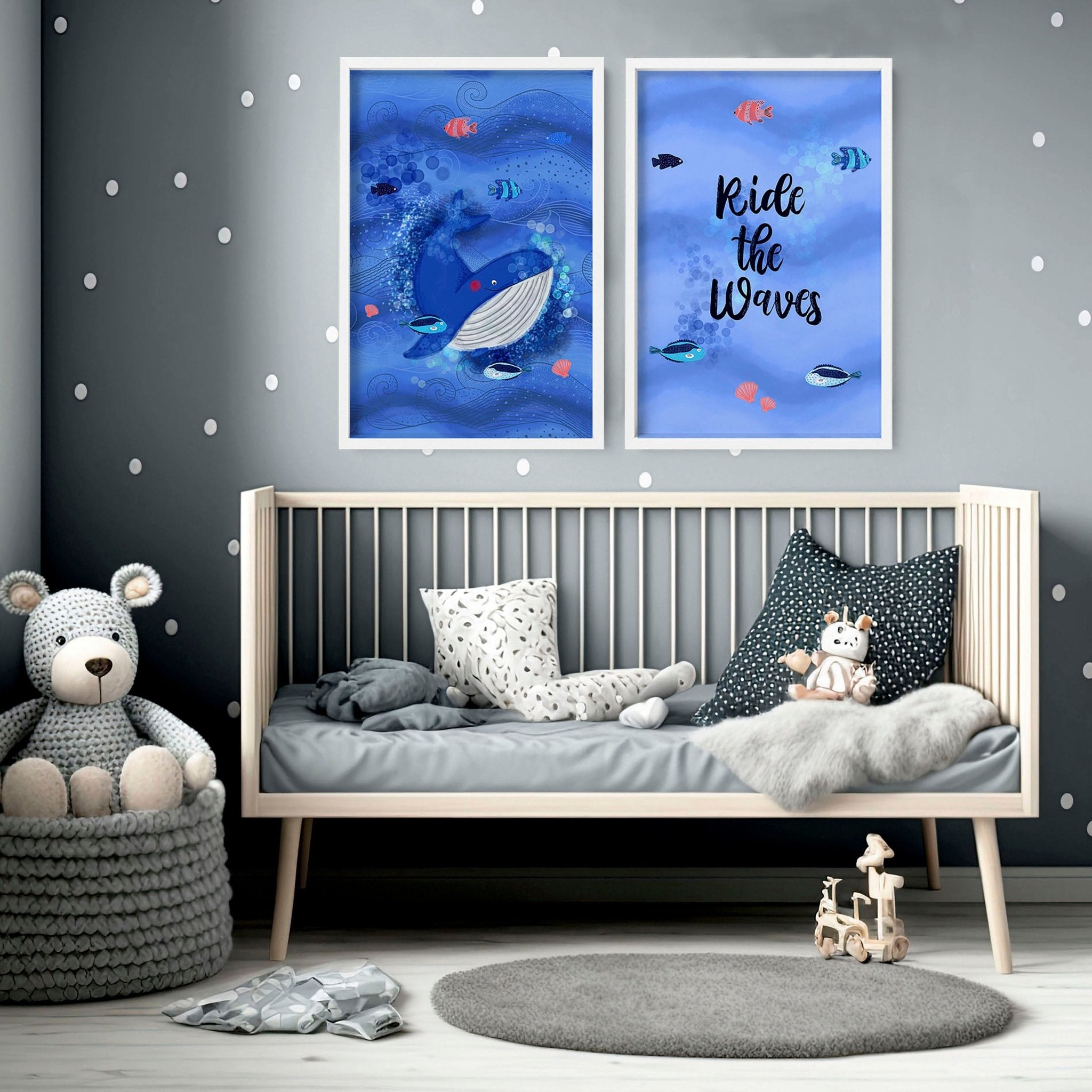 Set of 2 ocean-themed wall art prints featuring captivating whales and nautical elements, perfect for nursery decor.