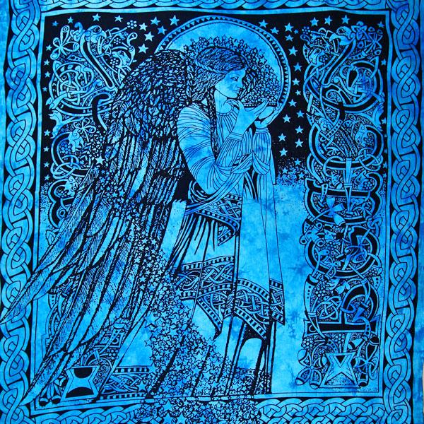 Ocean Blue Angel of Peace Tie Dye Tapestry featuring a majestic angel with wings and a cascading dress, surrounded by a colorful eclectic border.