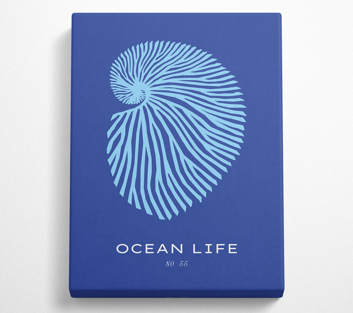 Ocean Life Shell Blue artwork on coated polyester canvas, mounted on a 44mm box frame, showcasing a beautiful shell design.