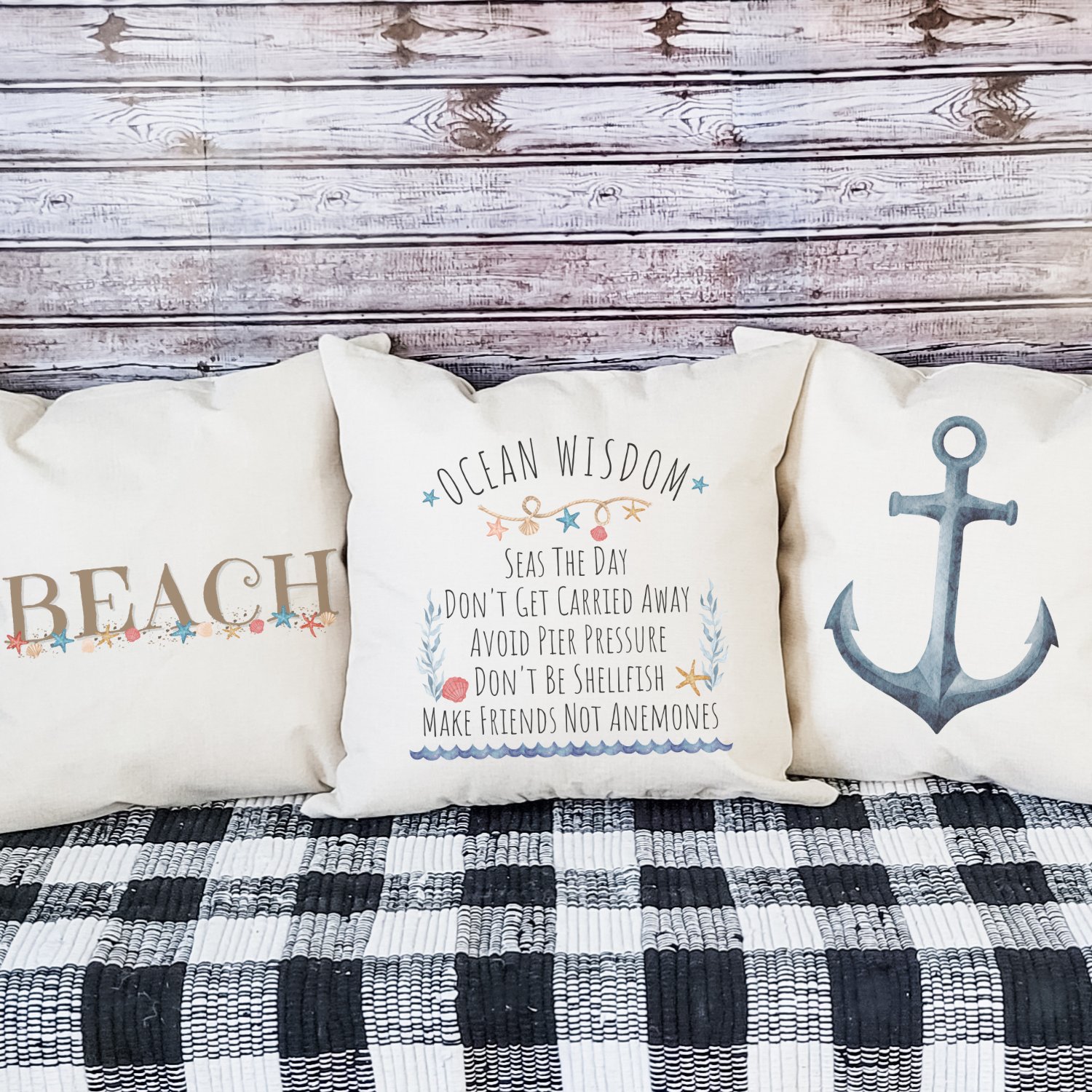 Ocean Wisdom Pillow Cover featuring original ocean-themed designs on soft linen fabric, with a hidden zipper and light beige base color.