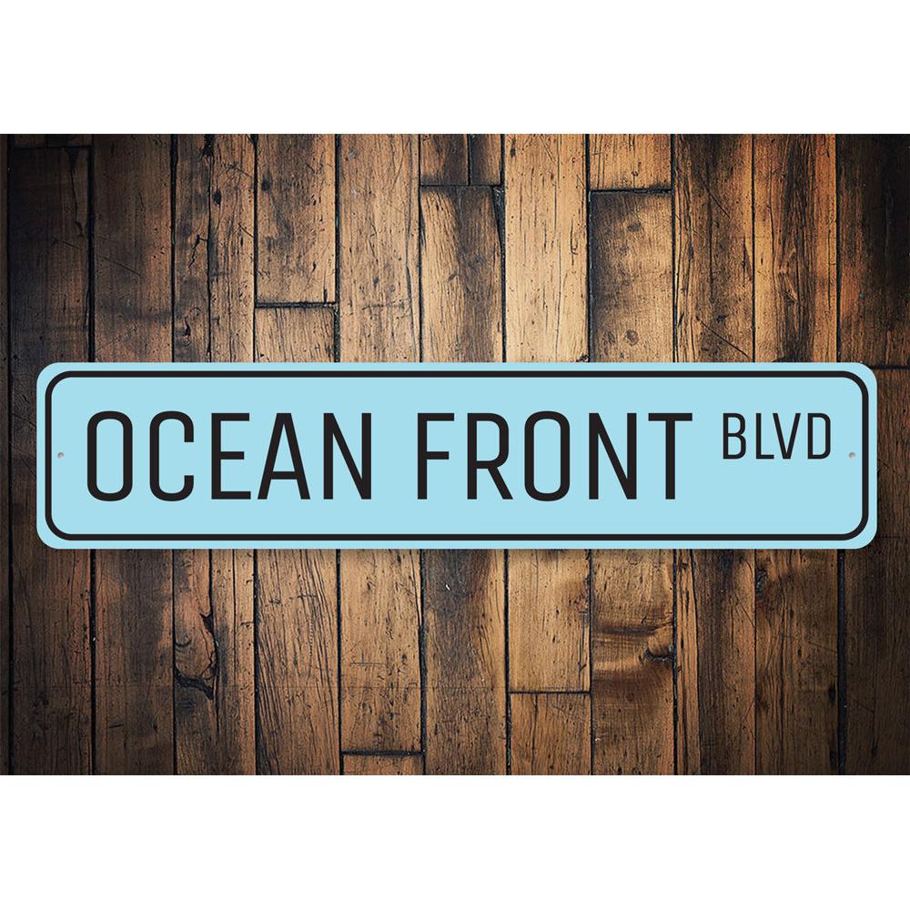 Oceanfront Blvd Sign made of high-quality aluminum, featuring a beach-themed design, perfect for coastal decor.