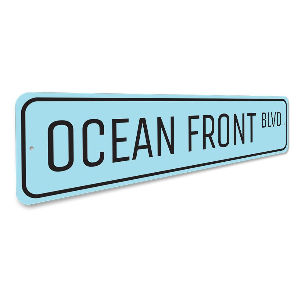 Oceanfront Blvd Sign made of high-quality aluminum, featuring a beach-themed design, perfect for coastal decor.