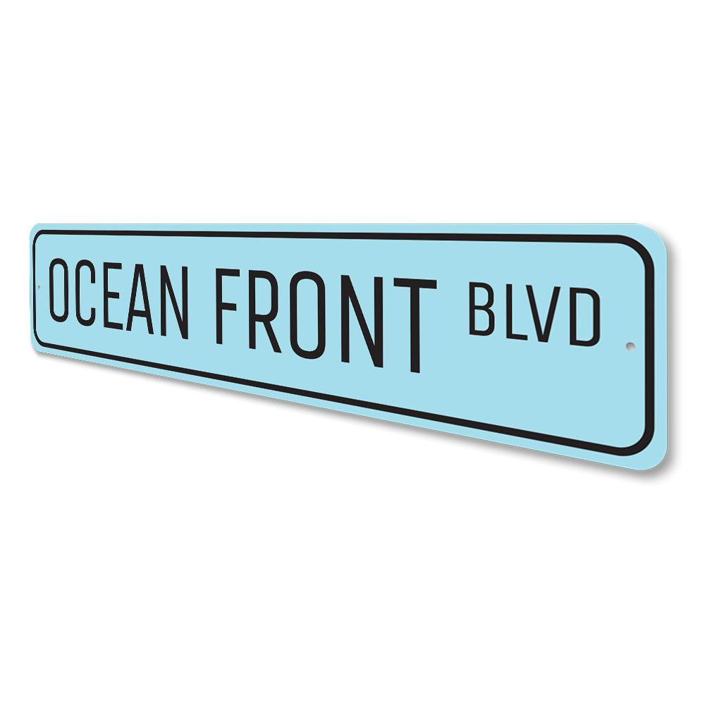 Oceanfront Blvd Sign made of high-quality aluminum, featuring a beach-themed design, perfect for coastal decor.