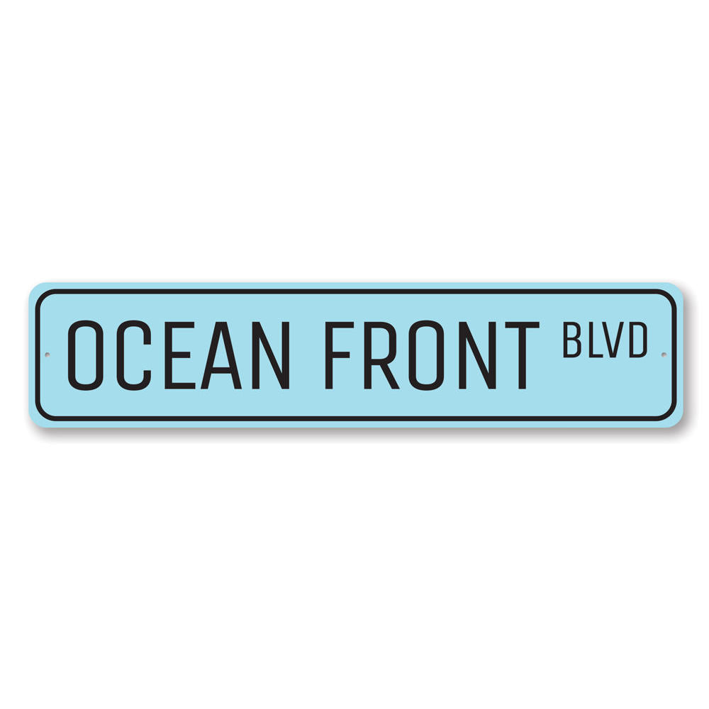 Oceanfront Blvd Sign made of high-quality aluminum, featuring a beach-themed design, perfect for coastal decor.