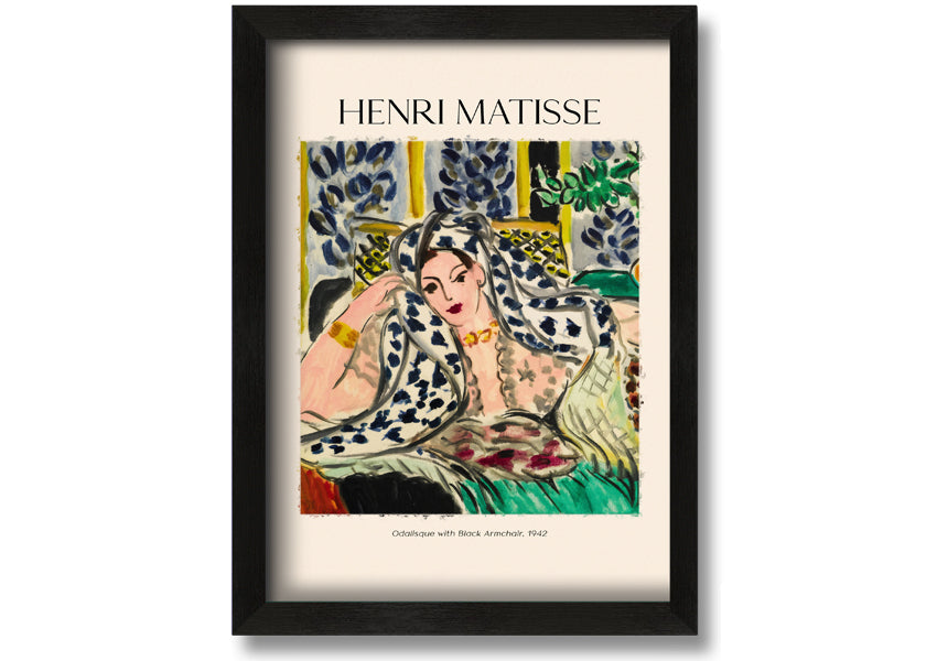 Canvas print of 'Odalisque With Black Armchair' by Henri Matisse, featuring vibrant colors and a modern box frame, ready to hang.