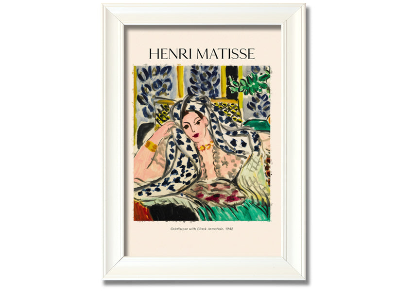 Canvas print of 'Odalisque With Black Armchair' by Henri Matisse, featuring vibrant colors and a modern box frame, ready to hang.
