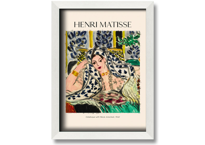 Canvas print of 'Odalisque With Black Armchair' by Henri Matisse, featuring vibrant colors and a modern box frame, ready to hang.