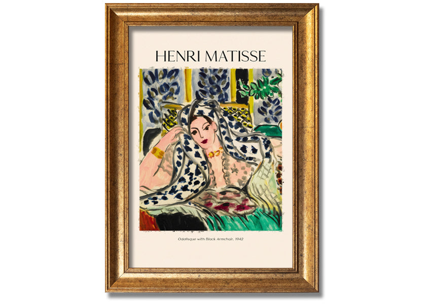 Canvas print of 'Odalisque With Black Armchair' by Henri Matisse, featuring vibrant colors and a modern box frame, ready to hang.
