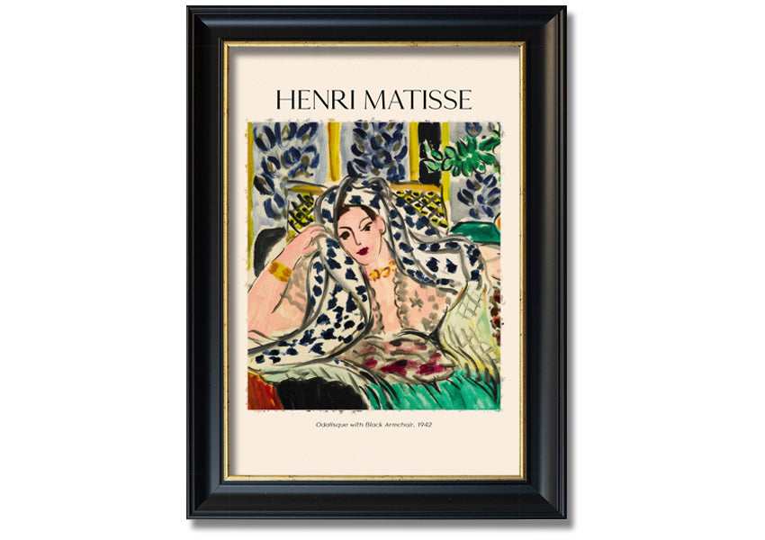 Canvas print of 'Odalisque With Black Armchair' by Henri Matisse, featuring vibrant colors and a modern box frame, ready to hang.