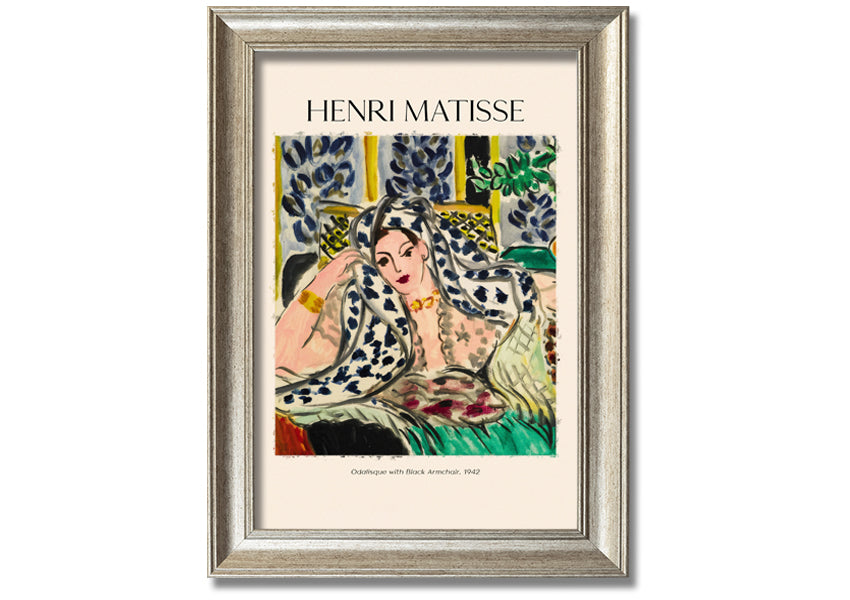Canvas print of 'Odalisque With Black Armchair' by Henri Matisse, featuring vibrant colors and a modern box frame, ready to hang.
