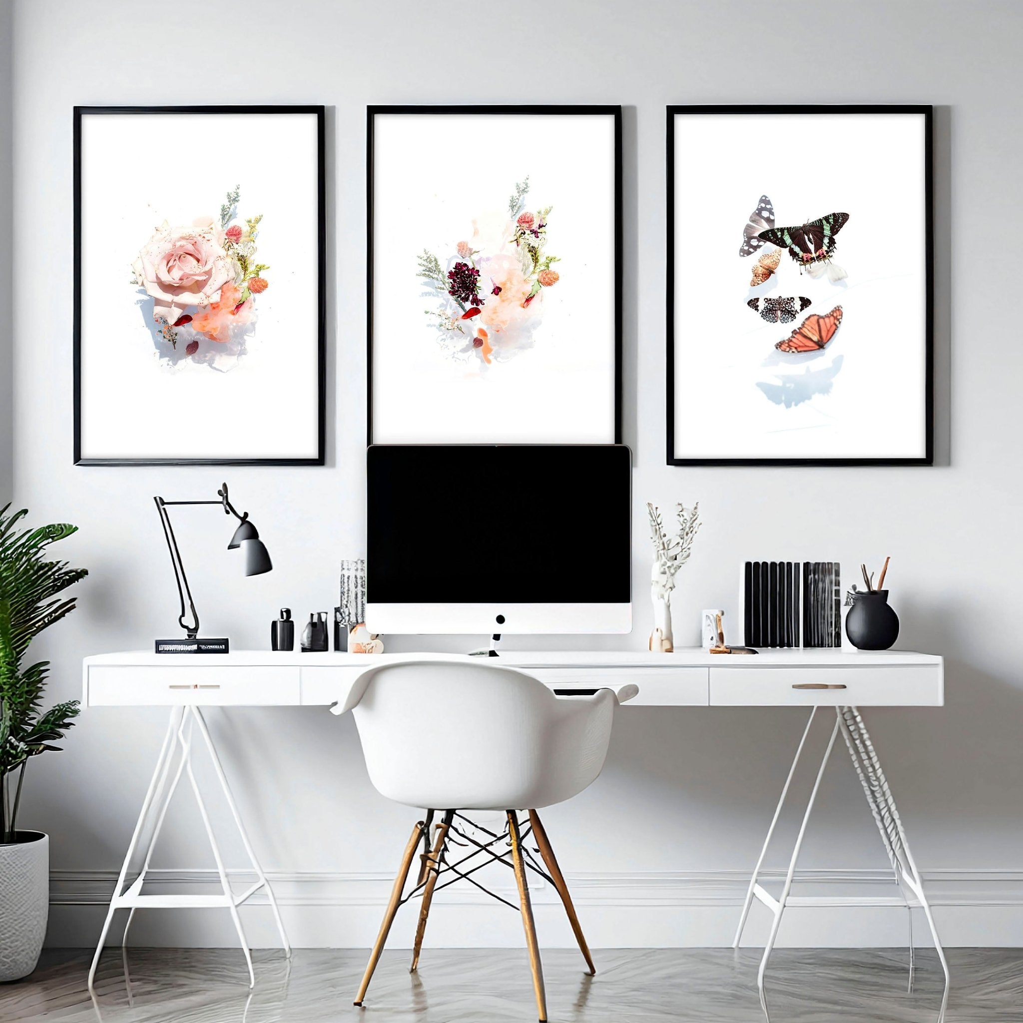 Set of 3 framed wall art prints featuring blush pink roses and butterflies, perfect for office decor.