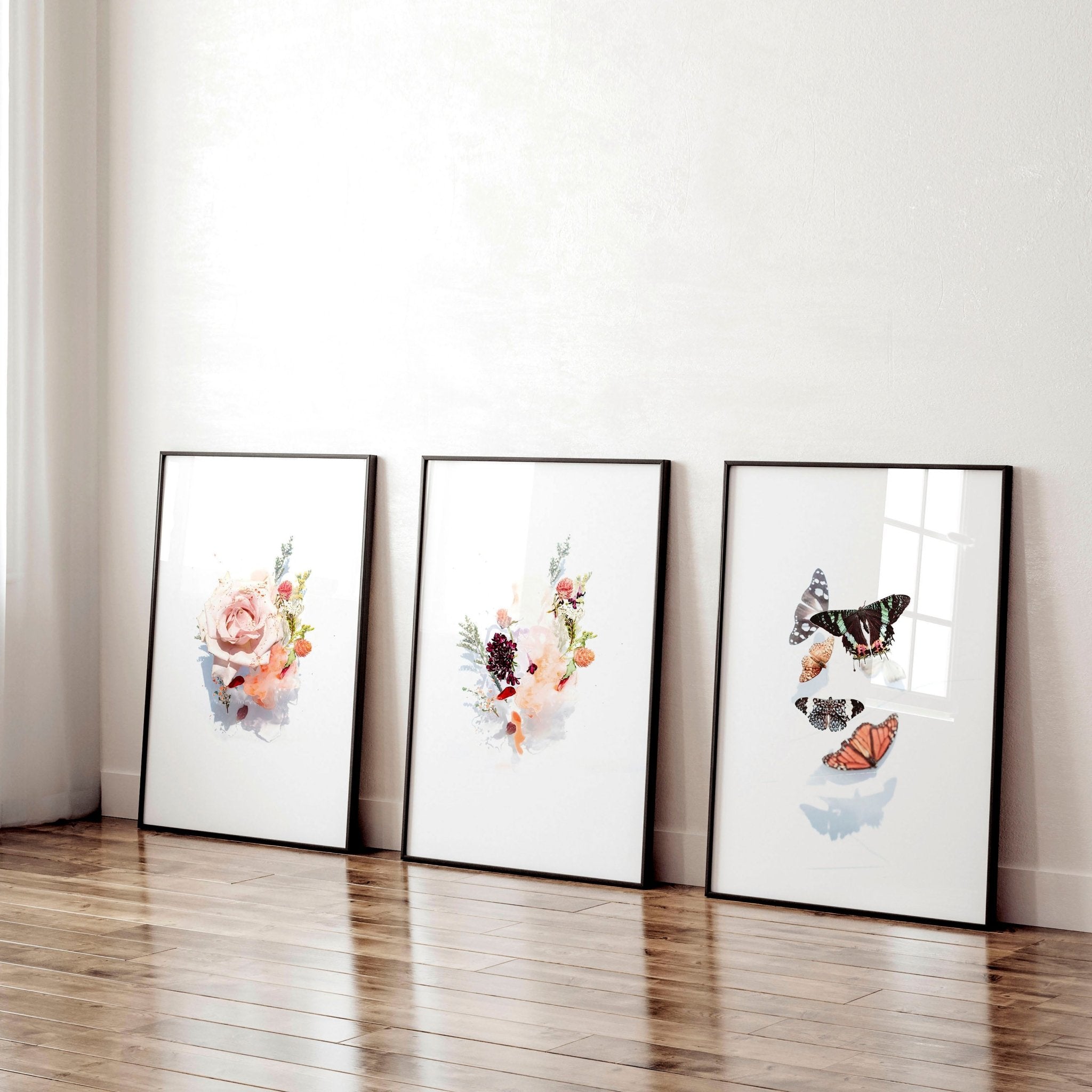 Set of 3 framed wall art prints featuring blush pink roses and butterflies, perfect for office decor.