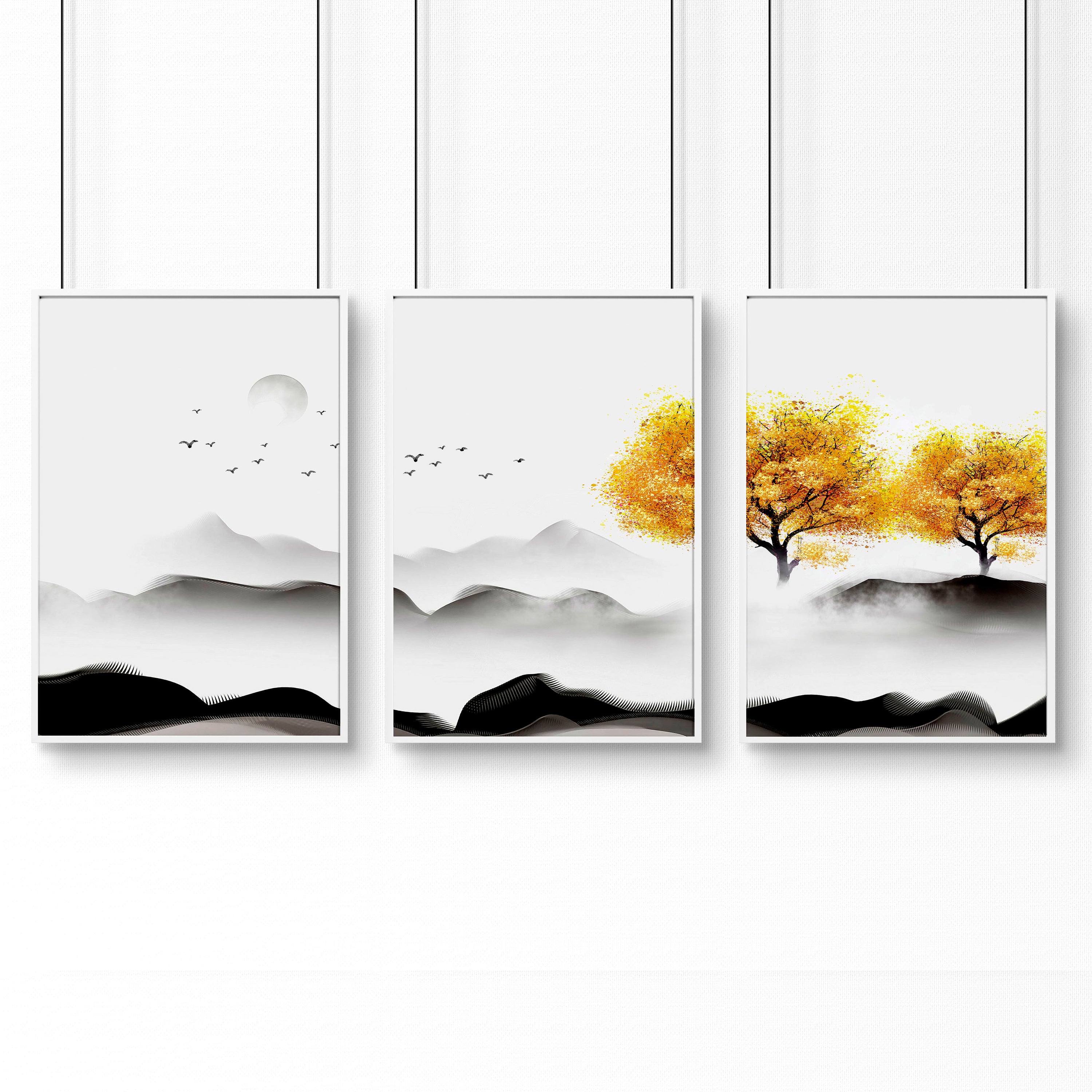 Set of 3 framed wall art prints featuring serene Japanese landscapes in white, black, grey, and sunny yellow, perfect for home office decor.