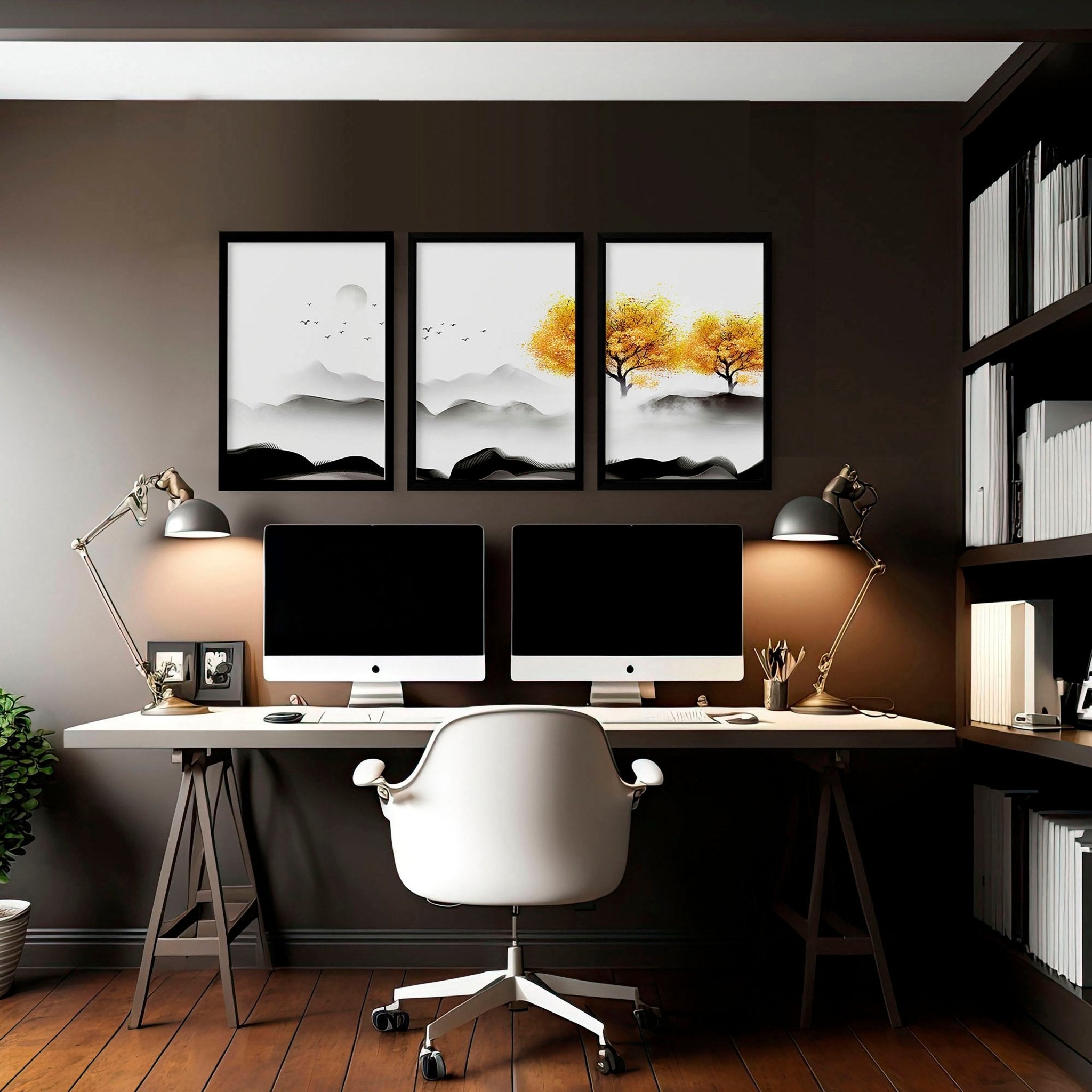 Set of 3 framed wall art prints featuring serene Japanese landscapes in white, black, grey, and sunny yellow, perfect for home office decor.