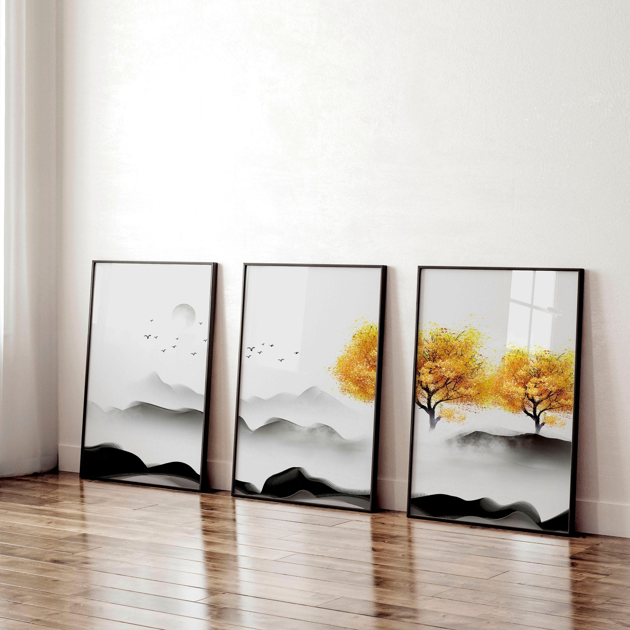 Set of 3 framed wall art prints featuring serene Japanese landscapes in white, black, grey, and sunny yellow, perfect for home office decor.