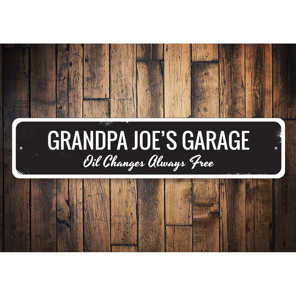 Oil Changes Always Free Sign made of high-quality aluminum, featuring customizable text, perfect for garages or man caves.