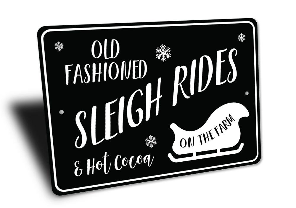 Old Fashioned Sleigh Rides Sign made of durable aluminum, featuring festive holiday design, perfect for Christmas decorations.