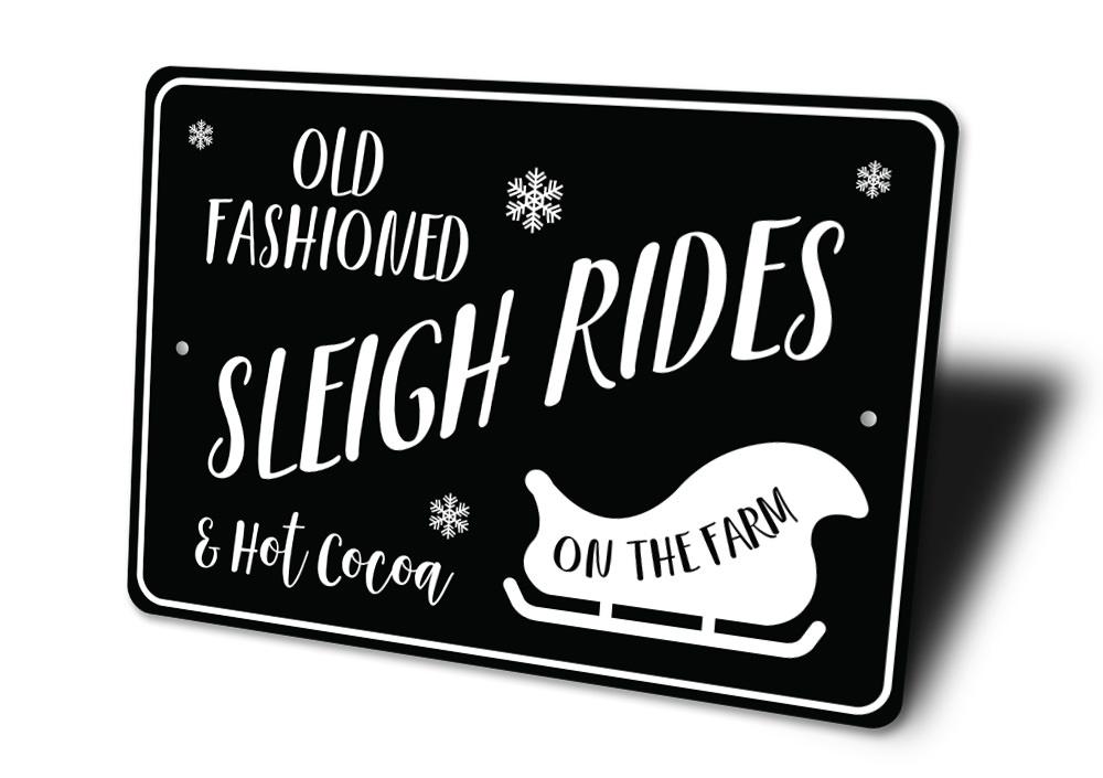 Old Fashioned Sleigh Rides Sign made of durable aluminum, featuring festive holiday design, perfect for Christmas decorations.