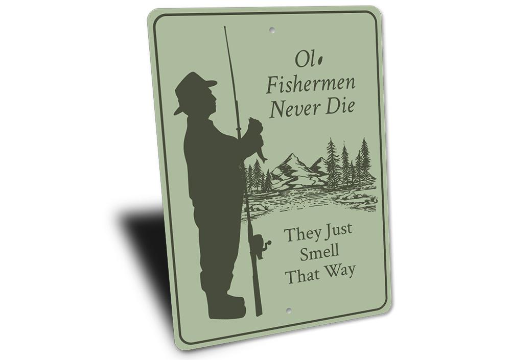 Old Fisherman Sign made of high-quality aluminum, featuring a rustic design perfect for lakehouses and fishing enthusiasts.