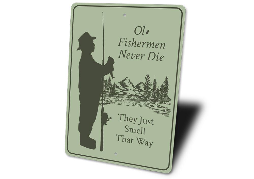 Old Fisherman Sign made of high-quality aluminum, featuring a rustic design perfect for lakehouses and fishing enthusiasts.