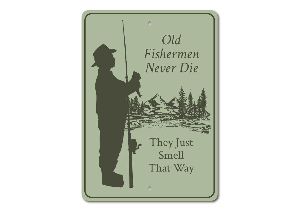 Old Fisherman Sign made of high-quality aluminum, featuring a rustic design perfect for lakehouses and fishing enthusiasts.