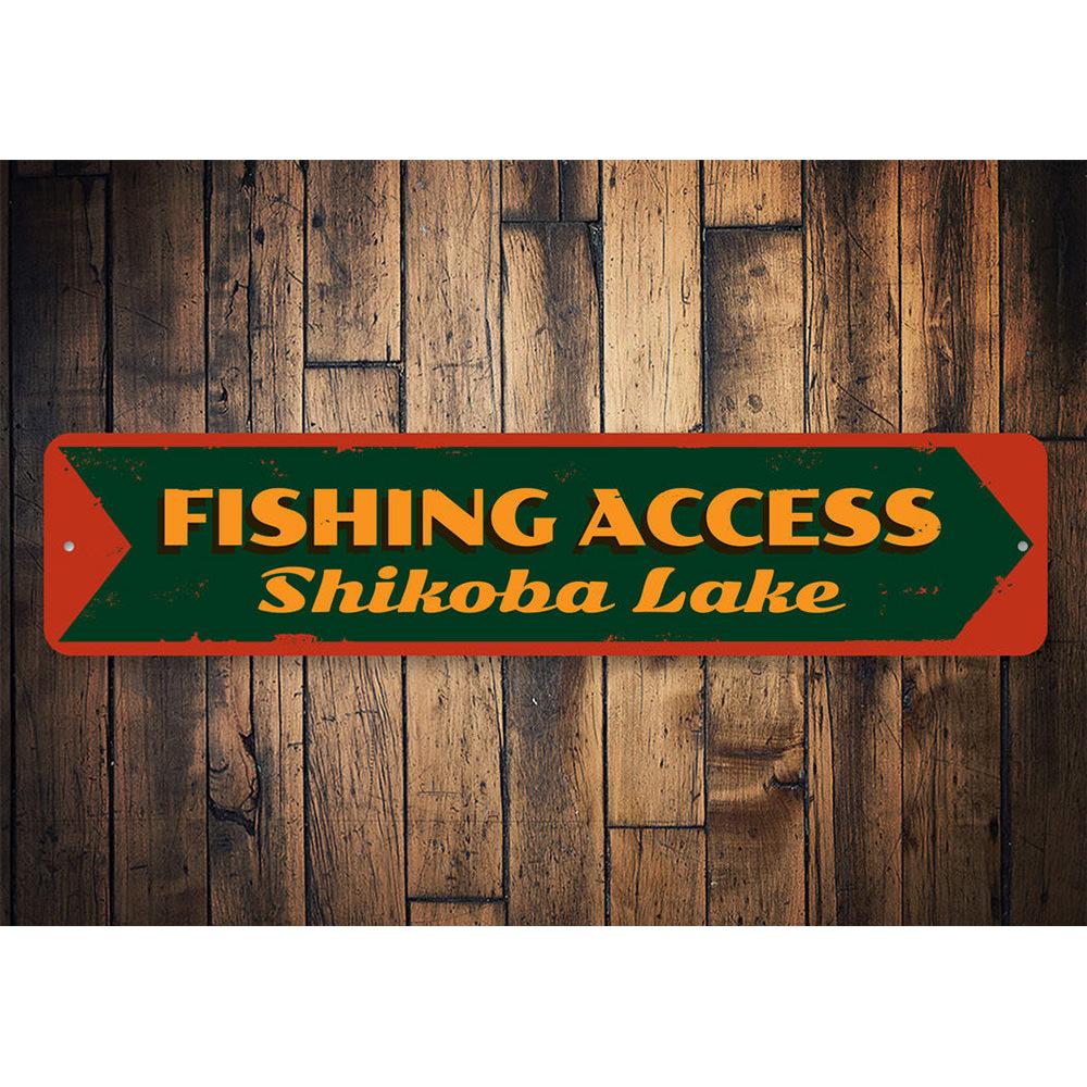 Old Fishing Access Sign made of durable aluminum, featuring customizable text, perfect for lakehouse decor.