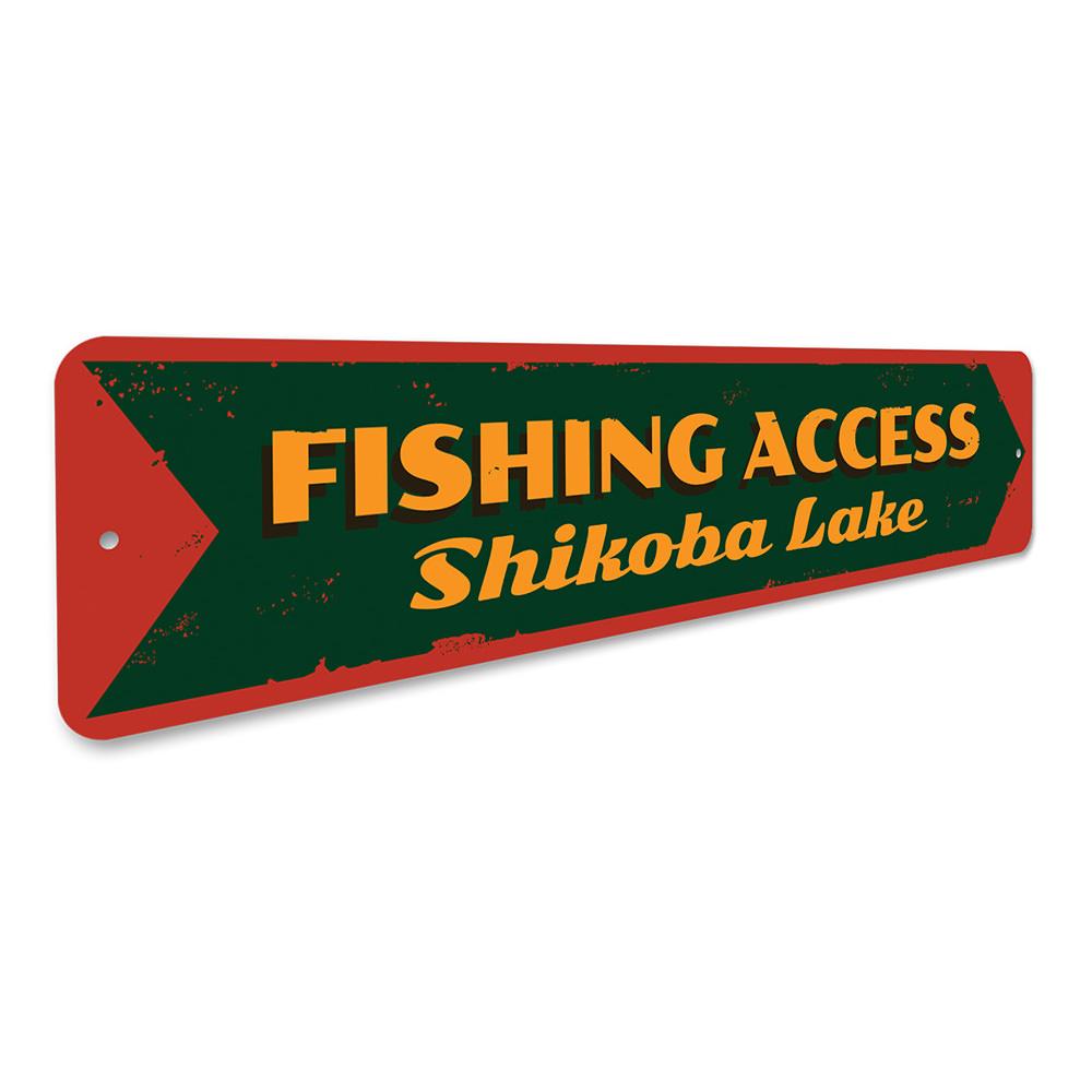 Old Fishing Access Sign made of durable aluminum, featuring customizable text, perfect for lakehouse decor.