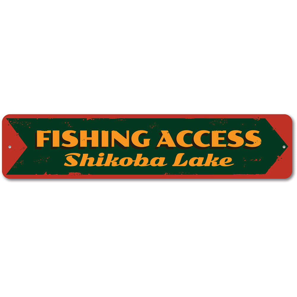 Old Fishing Access Sign made of durable aluminum, featuring customizable text, perfect for lakehouse decor.