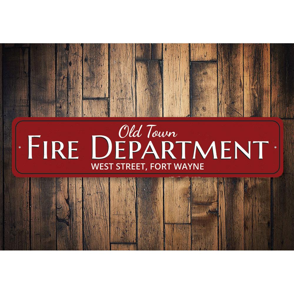 Old Town Fire Department Sign made of high-quality aluminum, featuring customizable text and pre-drilled holes for easy mounting.