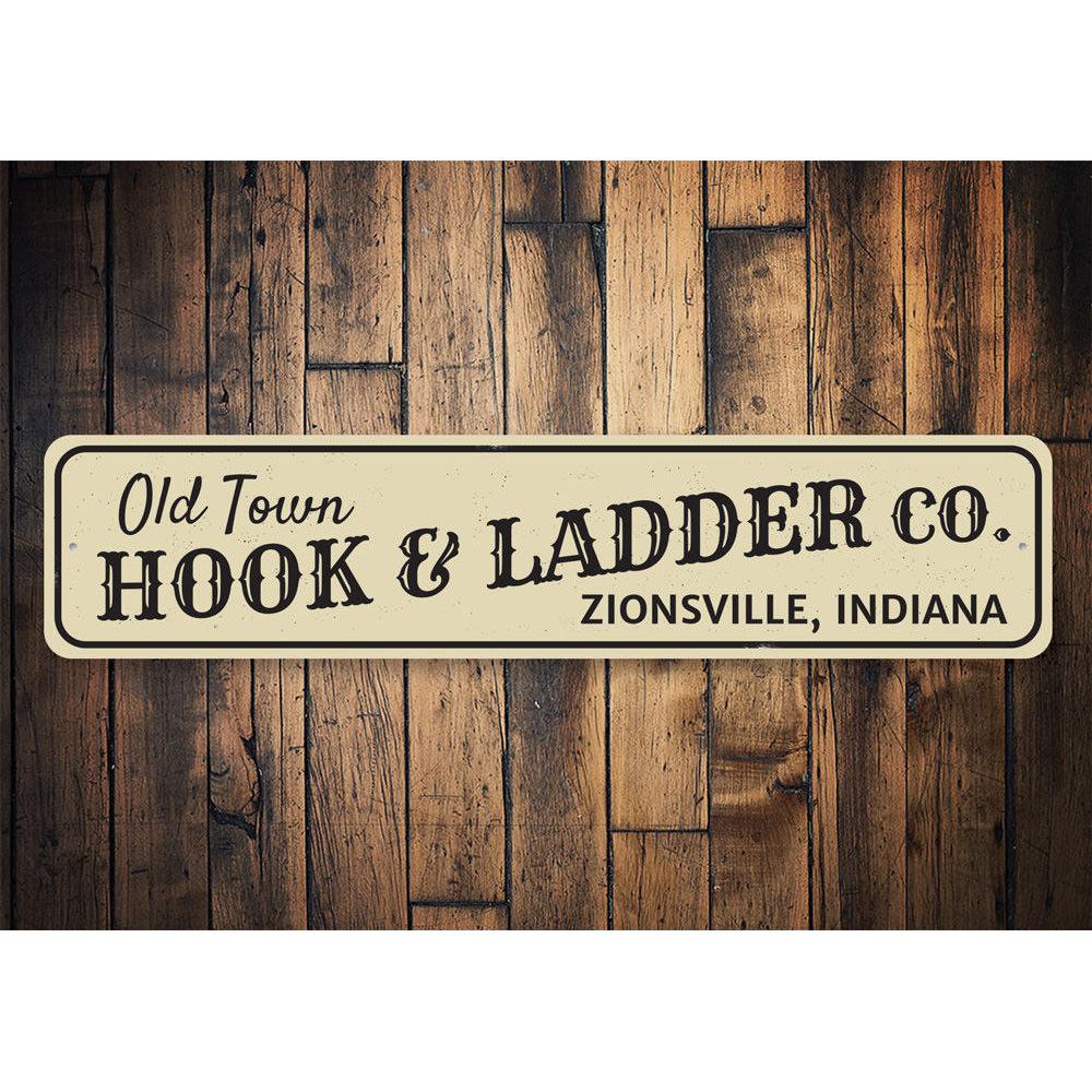 Old Town Hook & Ladder Sign made from durable aluminum, featuring customizable text options for personal touch.