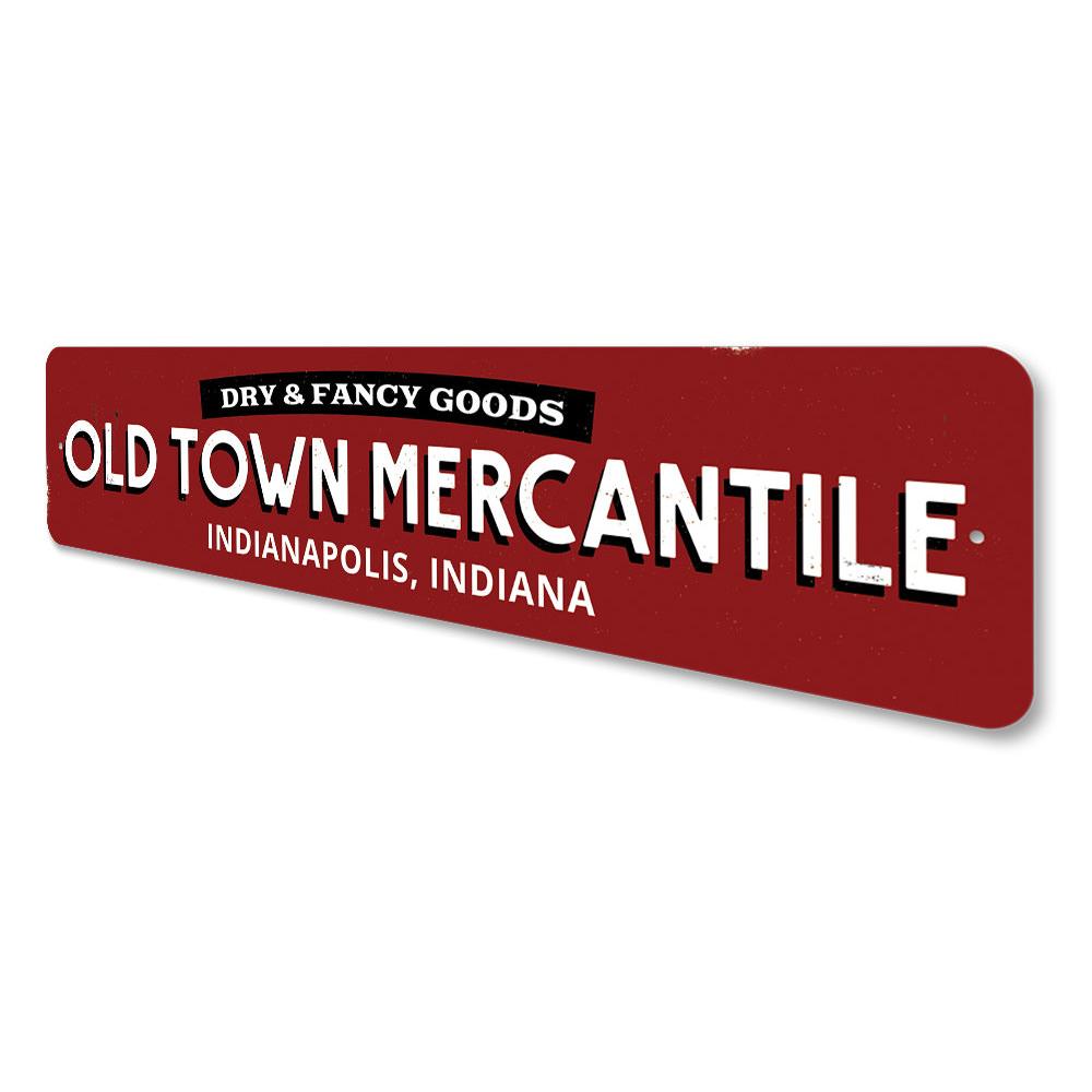 Old Town Mercantile Sign made of high-quality aluminum, featuring customizable text and pre-drilled holes for easy mounting.