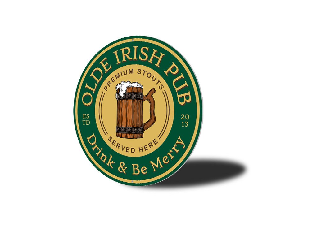 Olde Irish Pub Estd Year Sign made of high-quality aluminum, featuring customizable text and pre-drilled holes for easy mounting.