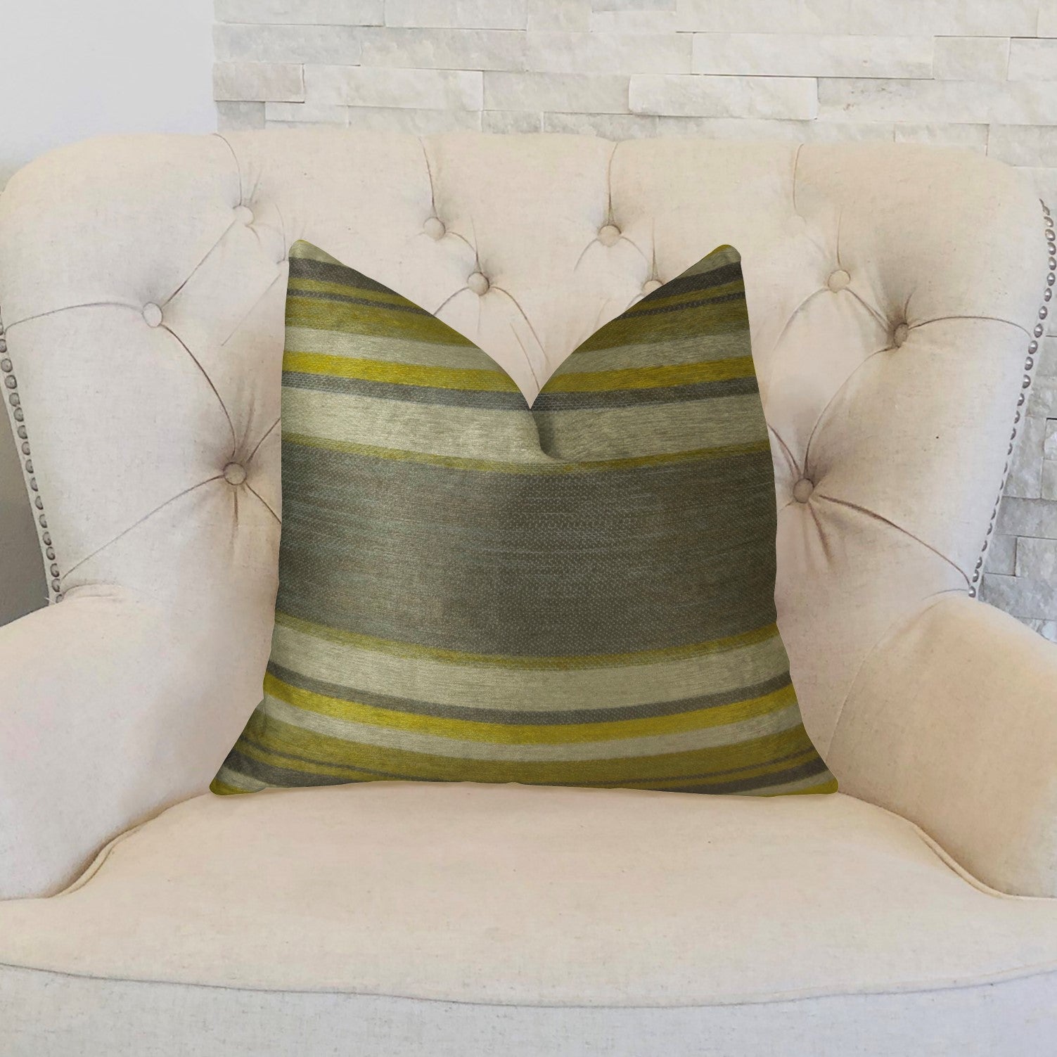 Olive and Fig Gray Citrine and Ivory Handmade Luxury Pillow featuring a striped pattern and invisible zipper, showcasing its luxurious fabric blend.
